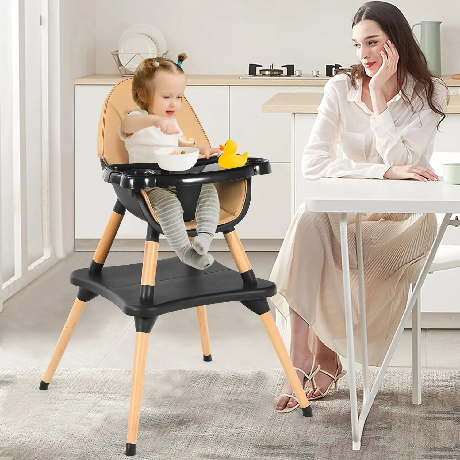 Baby High Chair, 5-in-1 Convertible Wooden Highchairand Toddlers/Table and Chair Set/Toddler Chair with Safety Harness