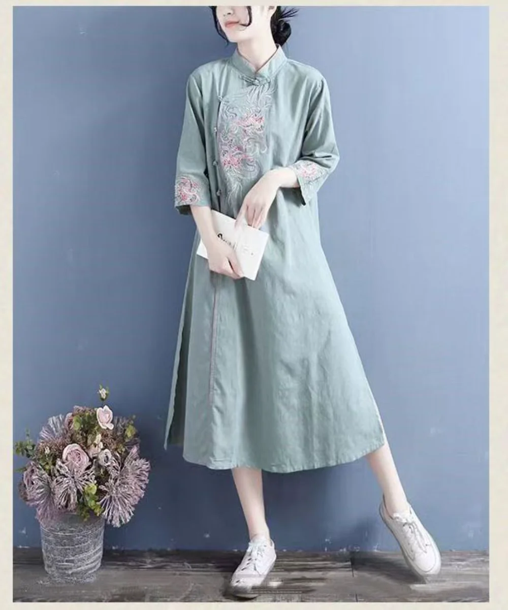 2023 Daily Cheongsam Girl Spring Summer New Small Fresh Cotton And Linen Long Female Slim Embroidery Qipao Natural Real Women