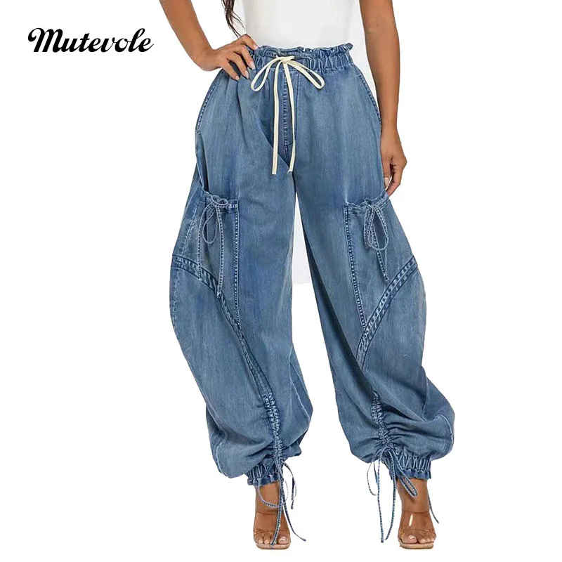 Mutevole Drawstring Loose Fit Hip Hop Jeans Women Lace Up Baggy Harem Denim Pants with Cargo Pockets