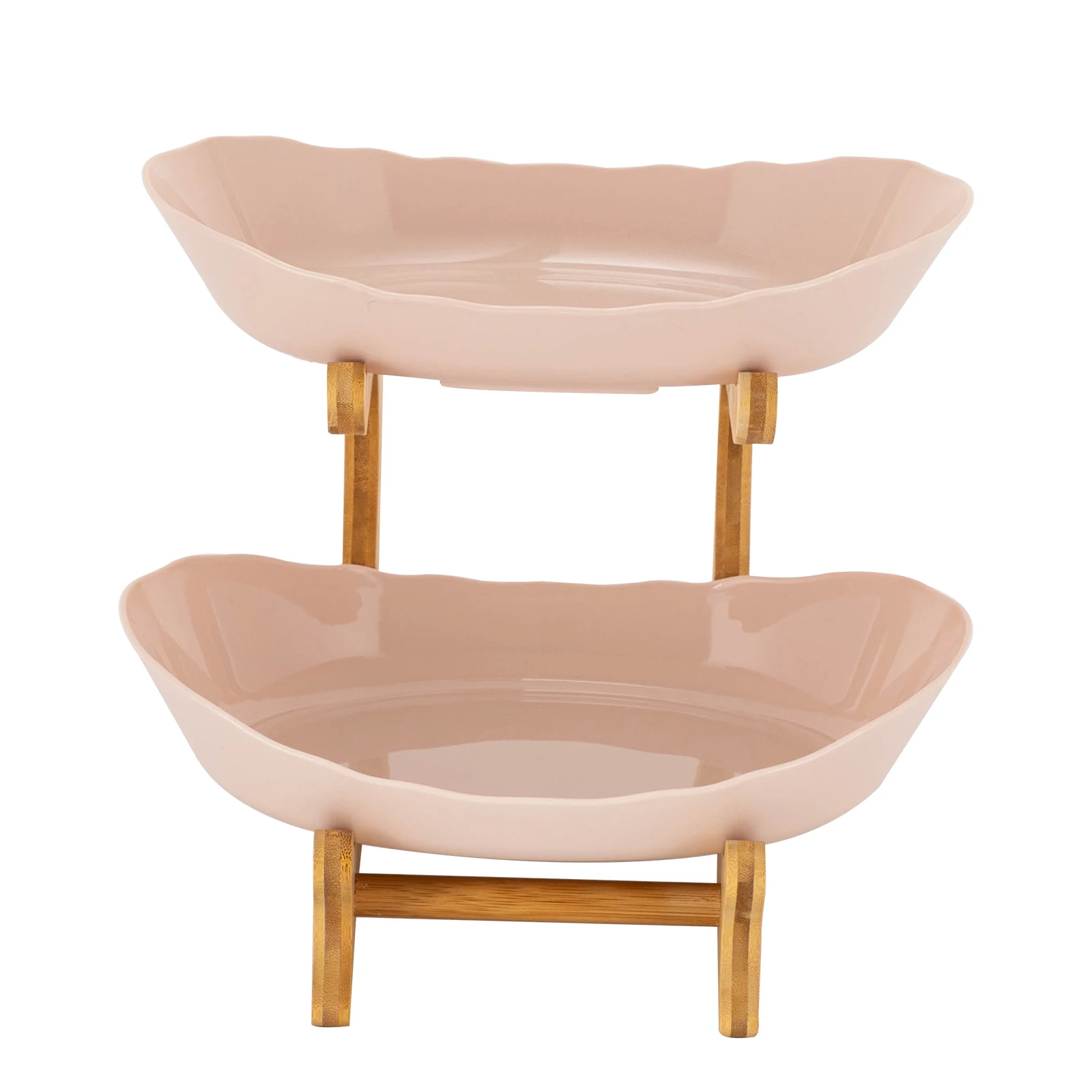 2 Tier Fruit Bowl Stand with Bamboo Frame, Dual PP Serving Trays, 10.2x7.4 Inch Fruit Serving Tray, Detachable Fruit Basket