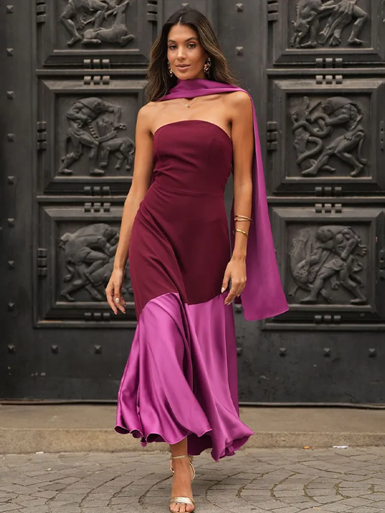 

Sexy Satin Patchwork Shawl Collar Backless Maxi Dress Women Elegant Sleeveless Off Shoulder Gown 2025 Lady Evening Party Dresses