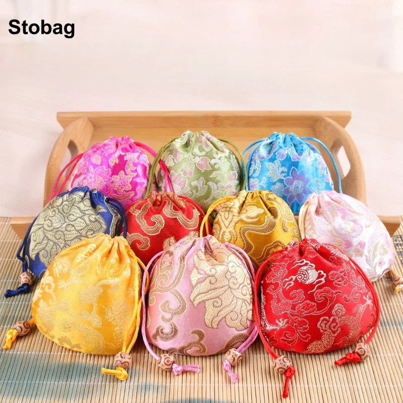 

StoBag 5pcs Chinese Small Drawstring Bag Silk Cotton Gift Jewelry Package Storage Pocket Reusable Pouch Decoration Party Favors