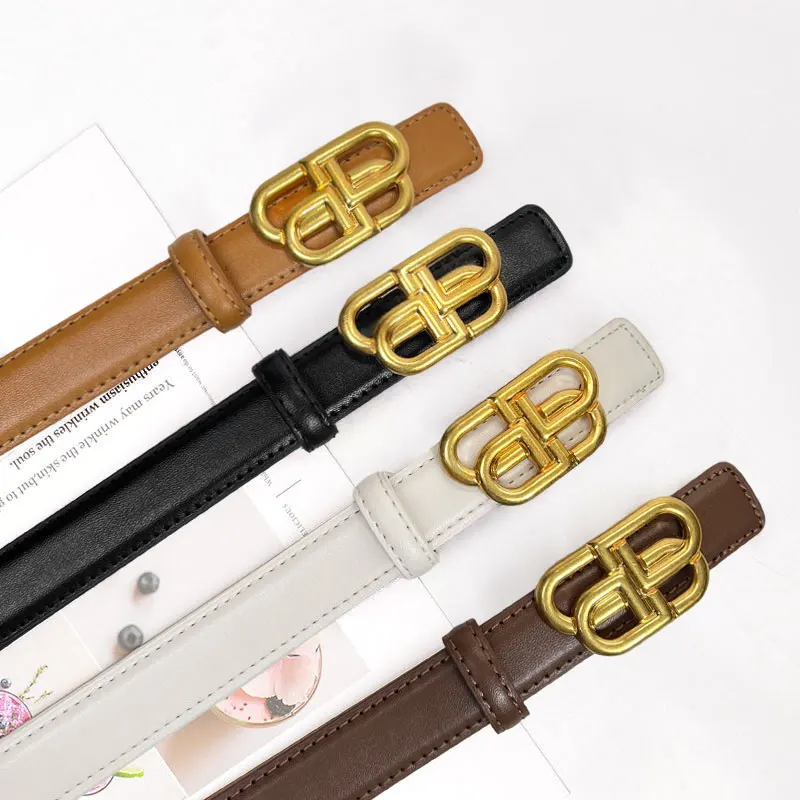 

Профессиональные кожаные ремни с двойной пряжкой B для женщин, тонкий поясной ремень премиум-класса с золотой фурнитурой, универсальный аксессуар для офиса