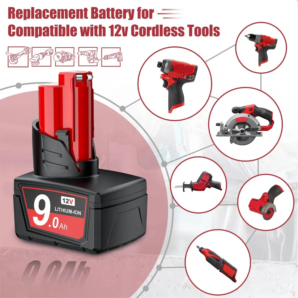 Pro Milwaukee M12 Baterie 12V 9.0Ah Dobíjecí baterie 48-11-2402 48-11-2411 9000mAh Náhradní baterie pro elektrické nářadí - náhled 5