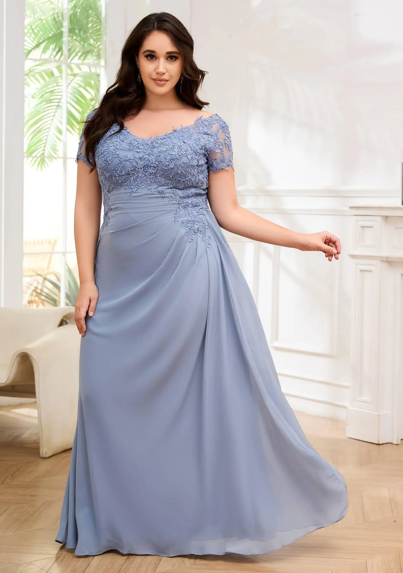 Plus Size Mother of The Bride/Groom Dresses for Wedding Short Sleeve Chiffon Formal Evening Party Gowns