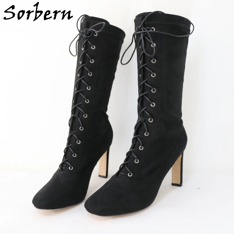 

Sorbern Black Faux Suede Ankle Boots Unisex Style Short Booties Lace Up Round Toe Thin Platform Shoes Square High Heel Custom