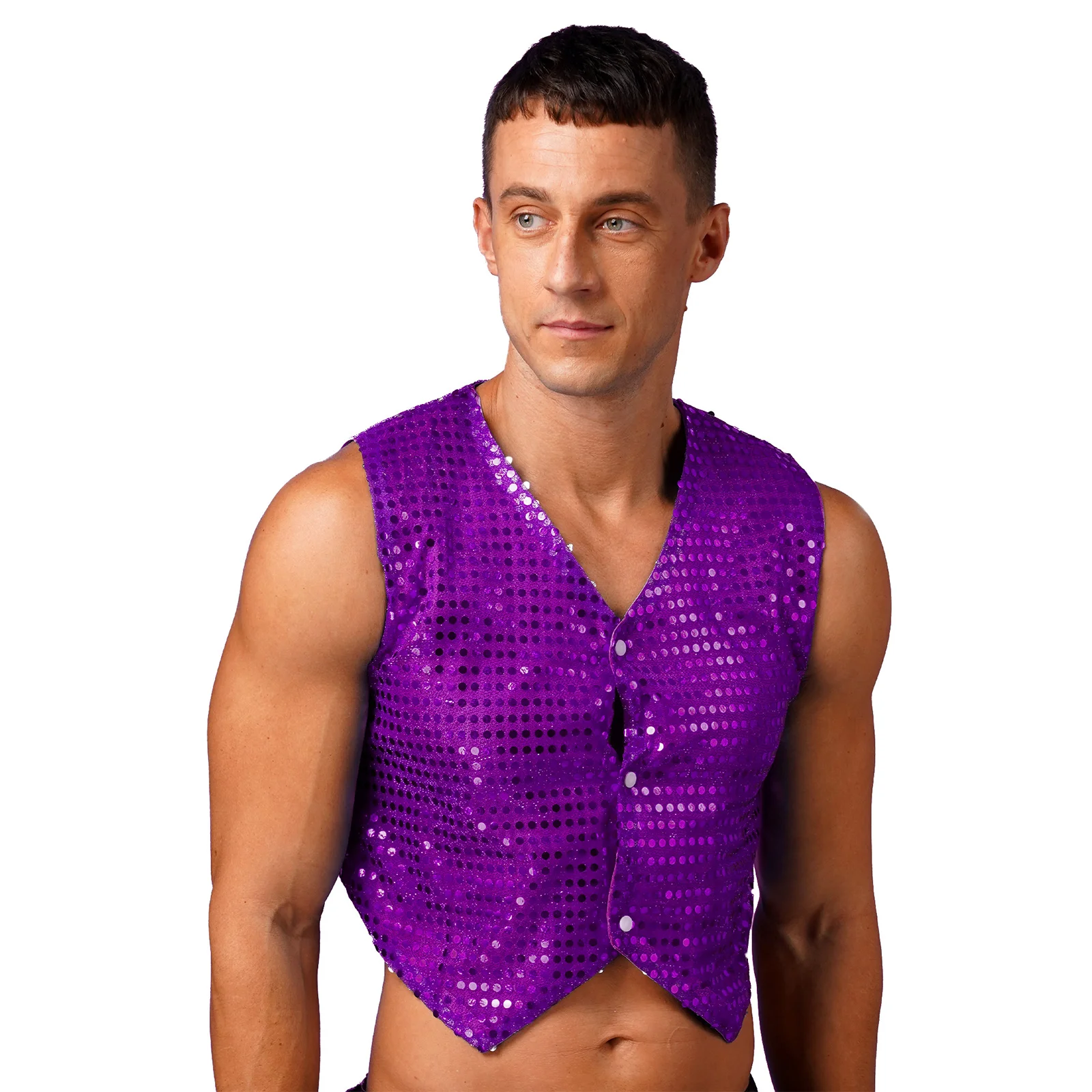 Mens Glittery Sequined Vests Rave Festival V Neck Sleeveless Waistcoat for Birthday Party Evening Jazz Dance Performance Costume