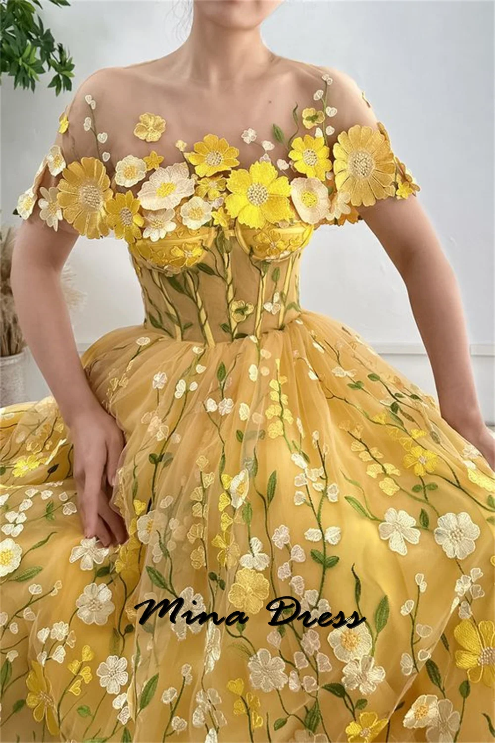 Mina-Yellow Flower Sticker A-shaped Ball Dress Elegant Detachable Shawl and Ankle Length 2024 Summer Fashion