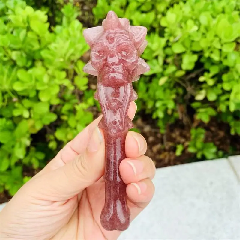 12CM Natural strawberry quartz Fang Mace Skull Wand Healing Carvings Reiki Sceptre Magician Wand For Home Decoration 1pcs