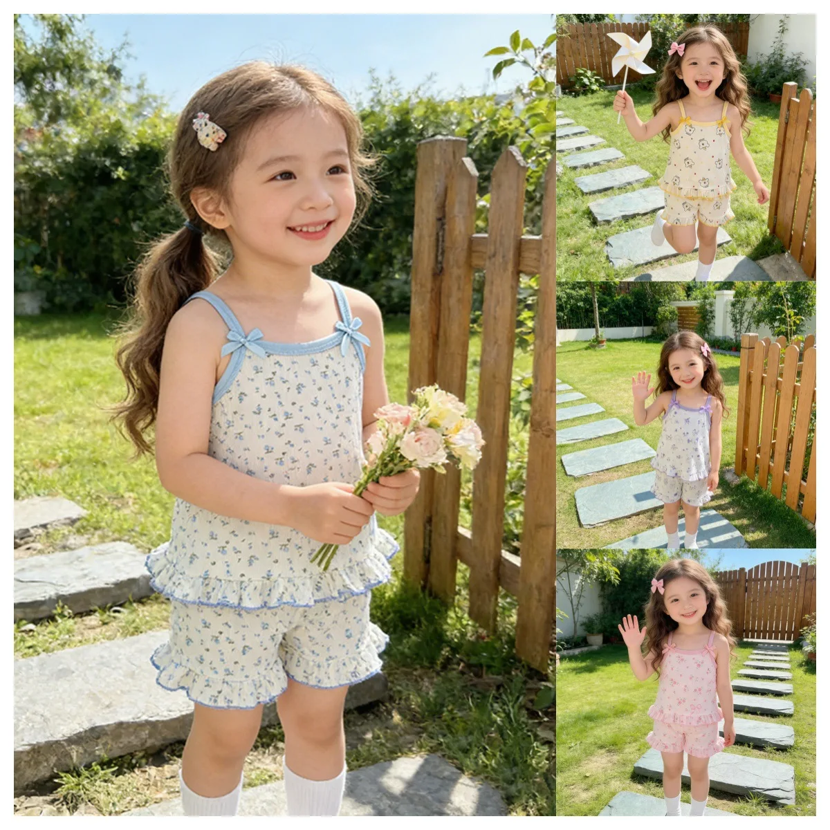 2026 New  Fashion Girls Sleeveless Ice Silk Camisole Set Cute Cartoon Floral Print Sweet Cool Air Conditioning Home Clothes