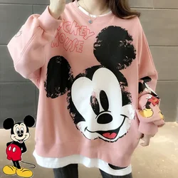 Disney Mickey Mouse Fashion Sweater Cartoon Women Streetwear Hole Loose O-neck Versatile Sweater For Ladies Long Sleeve Pullover