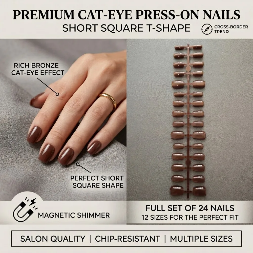 24 faux ongles carrés courts à presser, effet œil de chat bronze riche, élégants et scintillants, pour usage quotidien, extensions d'ongles