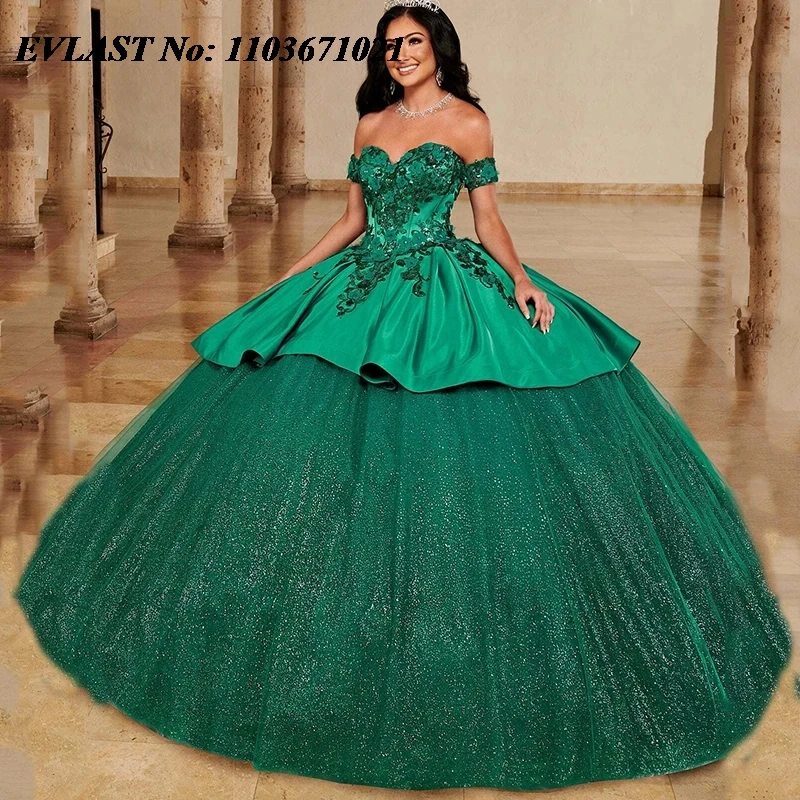 EVLAST Customized Green Quinceanera Dress Ball Gown Shiny Applique Beading Jacket Corset Sweet 16 Vestidos De 15 Anos SQ557