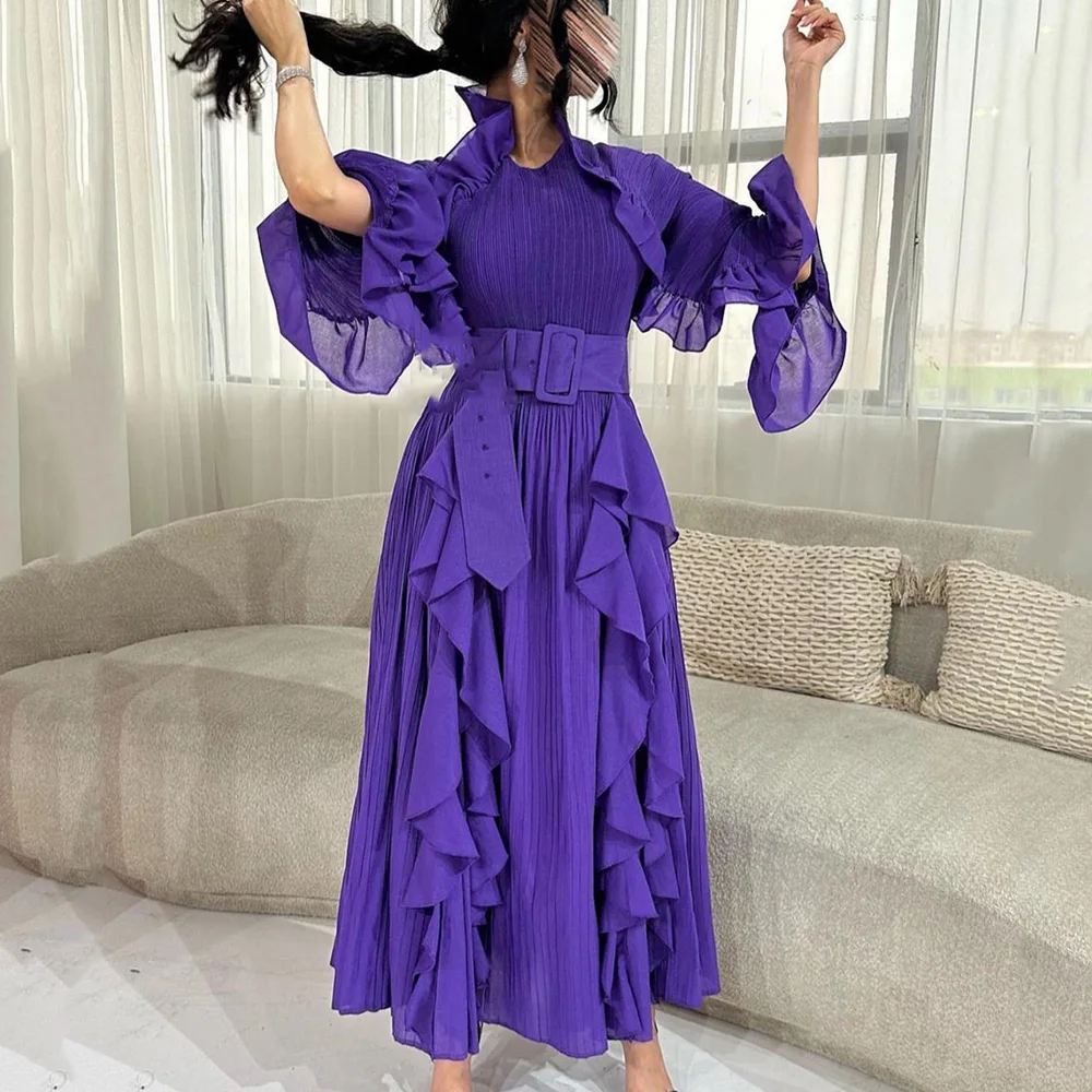 

Customized A-line Ruffles Long Sleeve Ankle-Length Evening Party Dresses for Women Solid Color Pleat Prom Gown Belt فساتين للحفل