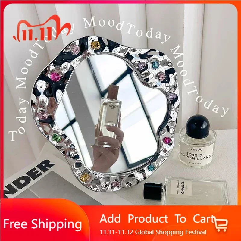 

Cosmetics Bedroom Mirror Bedroom Art Aesthetic Compact Luxury Funky Hand Desk Nordic Bathroom Mirror Couple Decoration Chambre