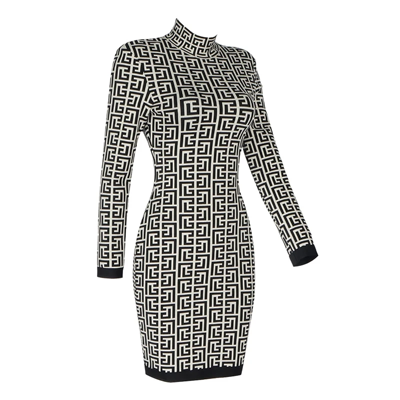 Fashion Women Bodycon Clothing Chic Geometric Jacquard Long Sleeve Bandage Dress Wedding Birthday Evening Cocktail Party Dresses