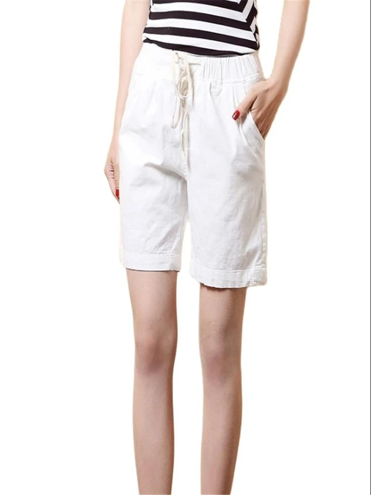 

Female Summer Hot Sale Solid Mid Elastic Waist Loose Knee Length Capris Women Straight Flax Breathable Pants Woman Solid