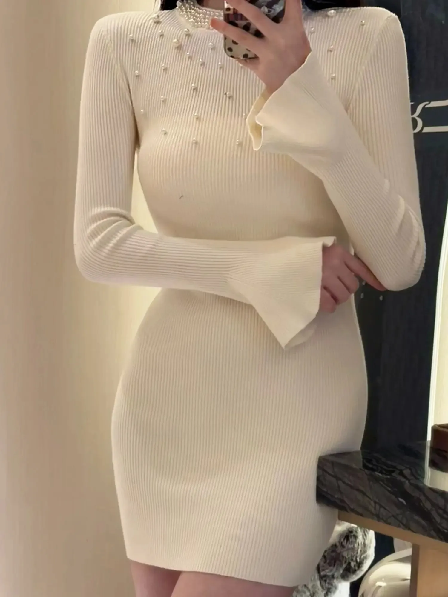 

AZZHEN Le Captures the Star River Heavy Embelliment Knitted Dr Long Sve round Neline Bodycon Sle Nylon Fabric