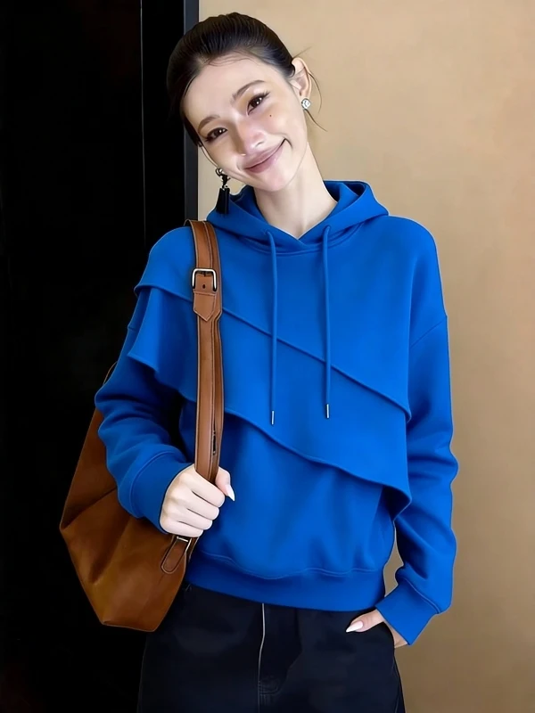 

Spring 2026 Women's Loose Fit Long Sve Hoodie Design Sense Patchwork plus Size Slimming High End Feeling Top
