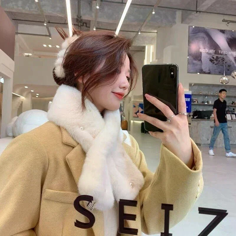 

Женский пушистый шарф с кроличьим мехом, ветрозащитный жемчужный плюшевый теплый зимний чехол на шею, корейский стиль, шейный платок-снуд для девочек