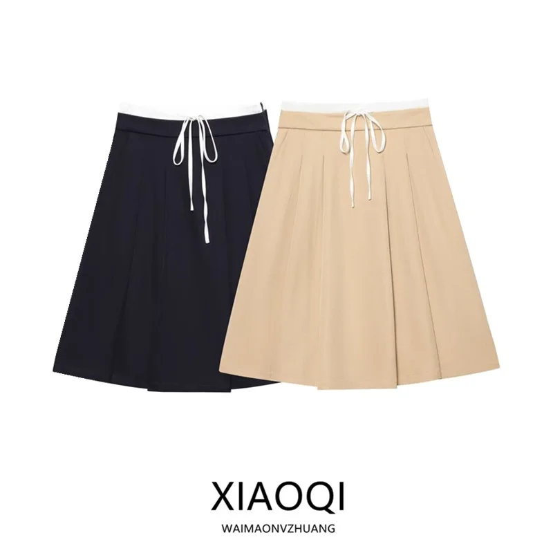 High Waist Bow Tie Double Layer Loose Midi Skirt Women's New Autumn Fashion High Waist Bowed Double Layer Loose Fit Skirt