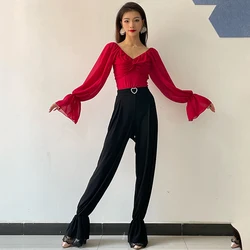 Latin Dance Clothes Red V Neck Tops Black Lace High Waist Pants Ballroom Dance Practice Clothing Rumba Cha Cha Dancewear BL11977