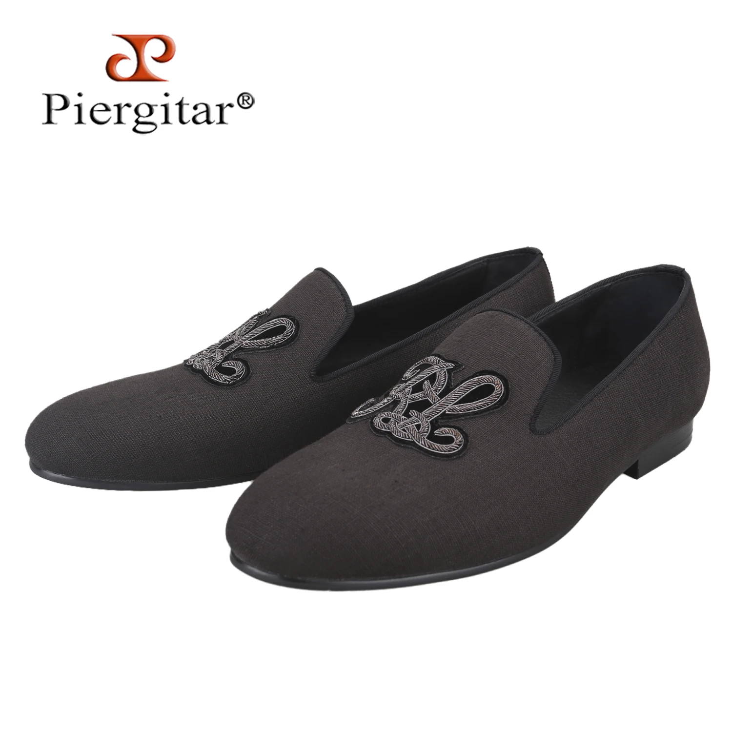 Piergitar Black Pure Linen Men's Loafers With Luxury Brand Custom Initials Embroidered Badge Handmade Slip-On Smoking Slippers