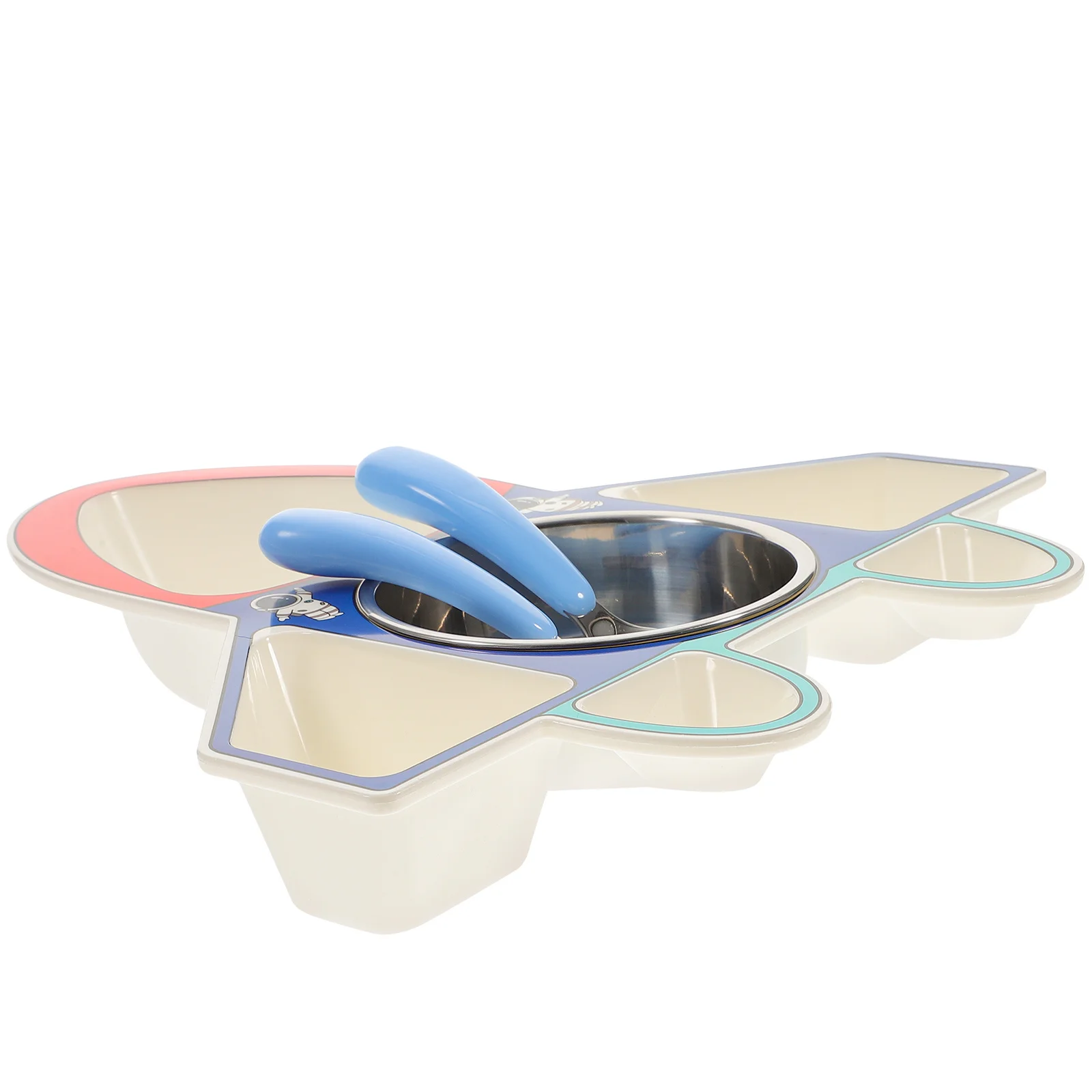

1Set Baby Dinner Plate with Utensils Carton Airplane Shape Multi Compartment Food Holder for Kids Easy Wash Bright Colors