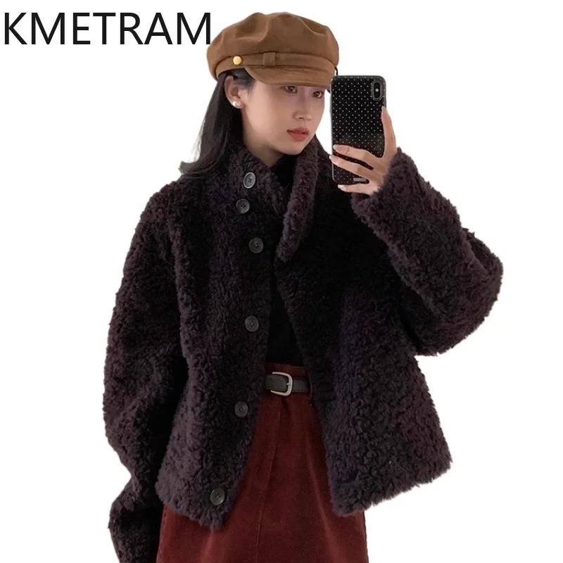 KMETRAM 100% Australian Wool Stylish Winter 2025 New Fur Short Coat with a Stand-Up Collar and One-Piece Design пальто женское