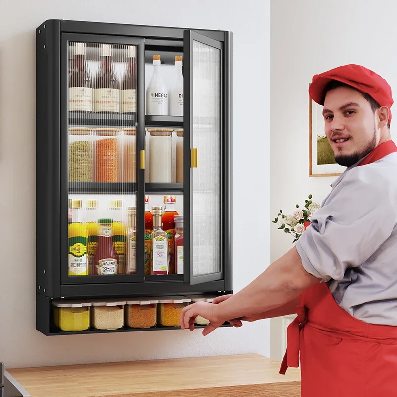 Seasoning storage box Kitchen wall-mounted multi-functional rack  cabinet Oil, salt, sauce and vinegar jar