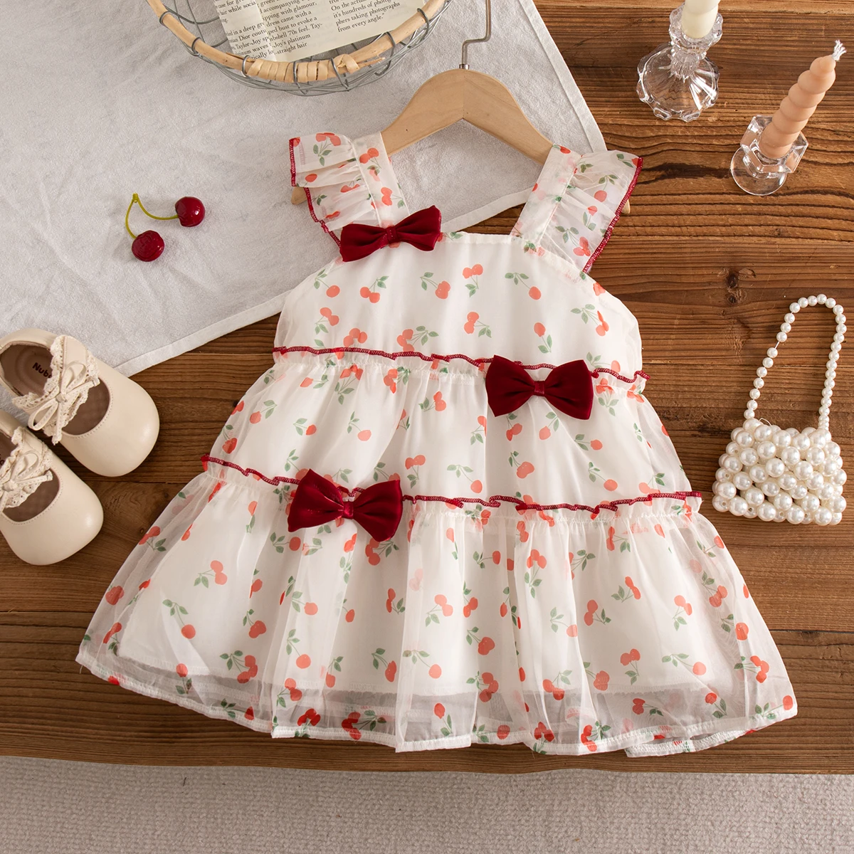 Baby Girl Dress Summer Cotton Bow Full Print Small Fly Sleeves Girls Dresses Cute Casual Beach Princess Dress Baby Clothing