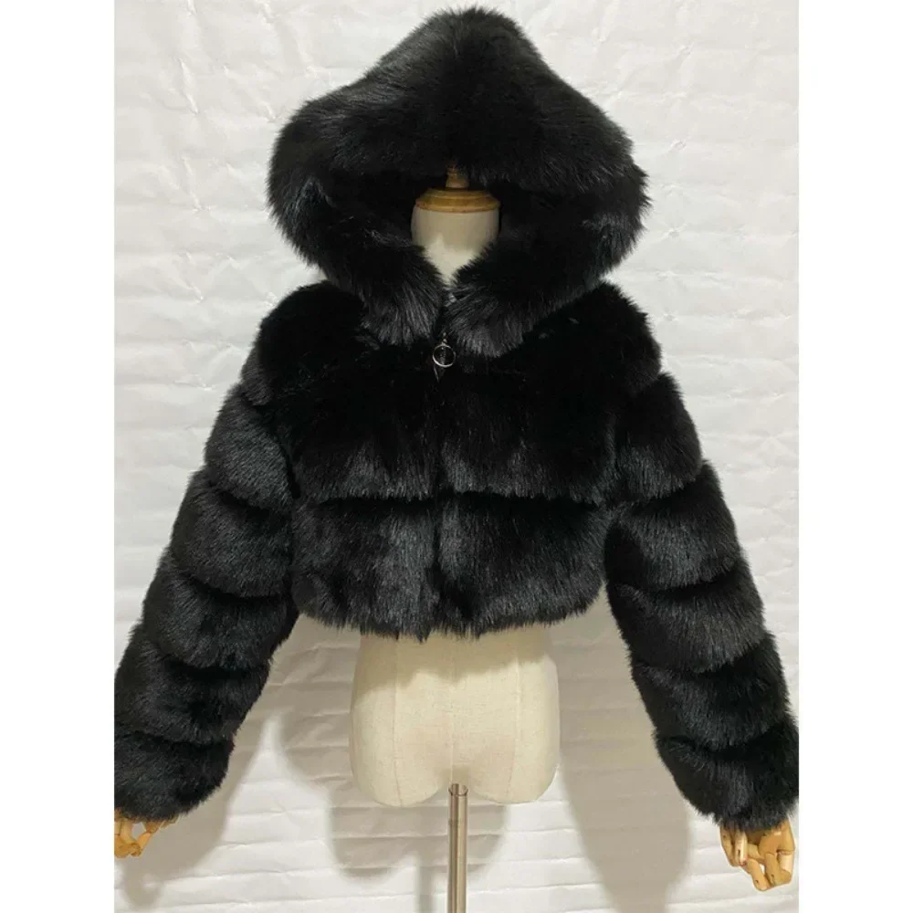 Luxury Fur Coat Fluffy Cropped Jacket Hooded Faux Fur Jackets Women Clothing Design Chic Streetwear Party Clubs Coats Short Tops