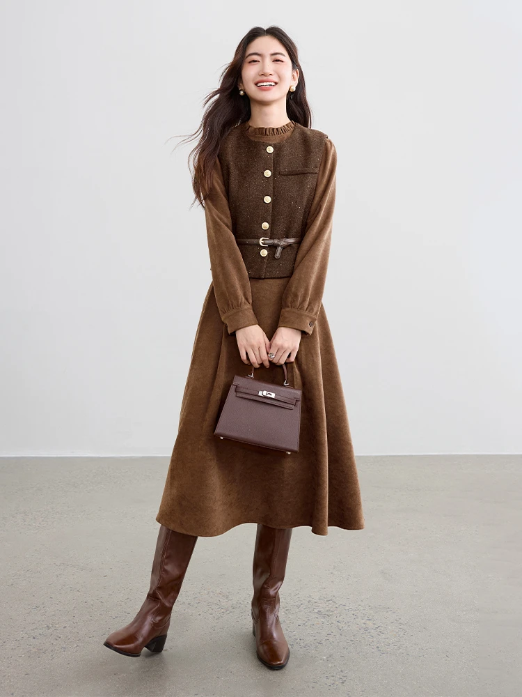 

SENTUBILA Women's Elegant 2-Piece Set 2025 Autumn New Stand Collar Peach Skin Velvet Dress & Sequined Wool Belt Vest W53ZB3659