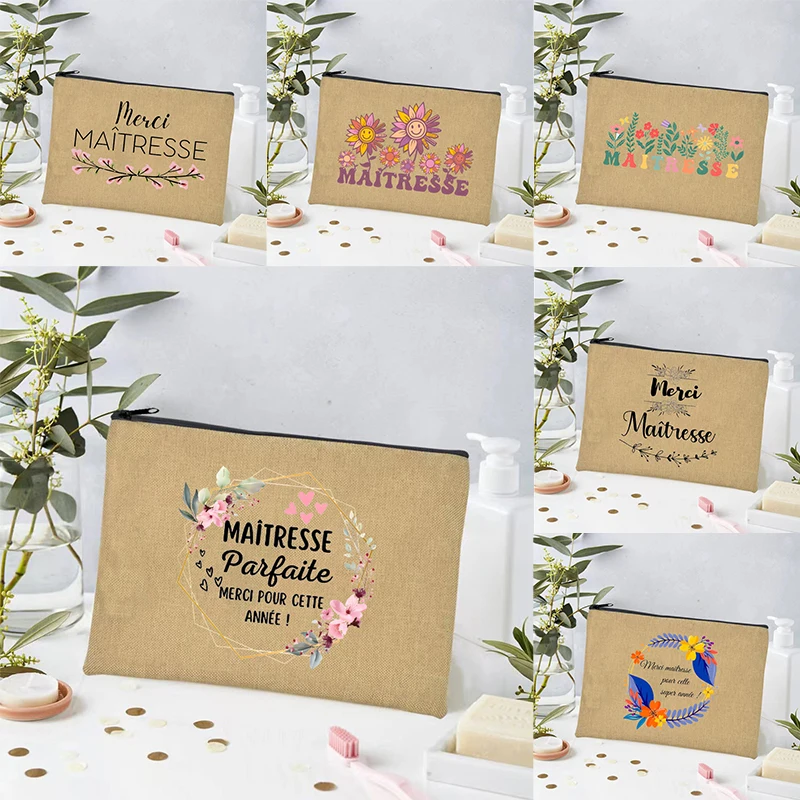 Floral Merci Maîtresse Print Linen Cosmetic Bag Maitresse École Remerciement Pencil Case French Gift for Teacher Appreciation
