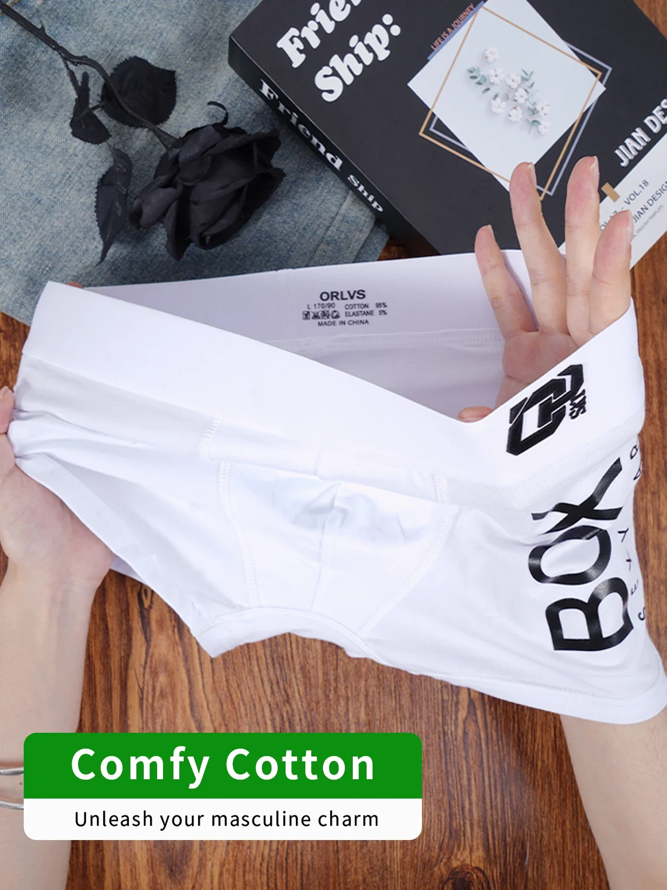Men's ORLVS Box Print Boxer Briefs Low Rise Stretch Cotton Underwear, Comfy Breathable Soft Waistband 1PC