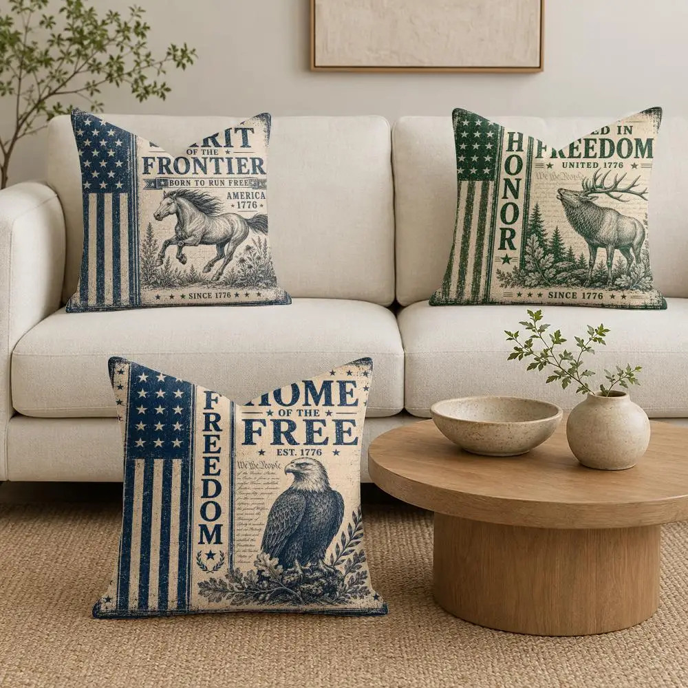 Patriotic Wild Creatures Cushion Cover Summer Linen Pillow Case Organic Fabric Cushion Cover Double-Sided Print Sofa Home Decor