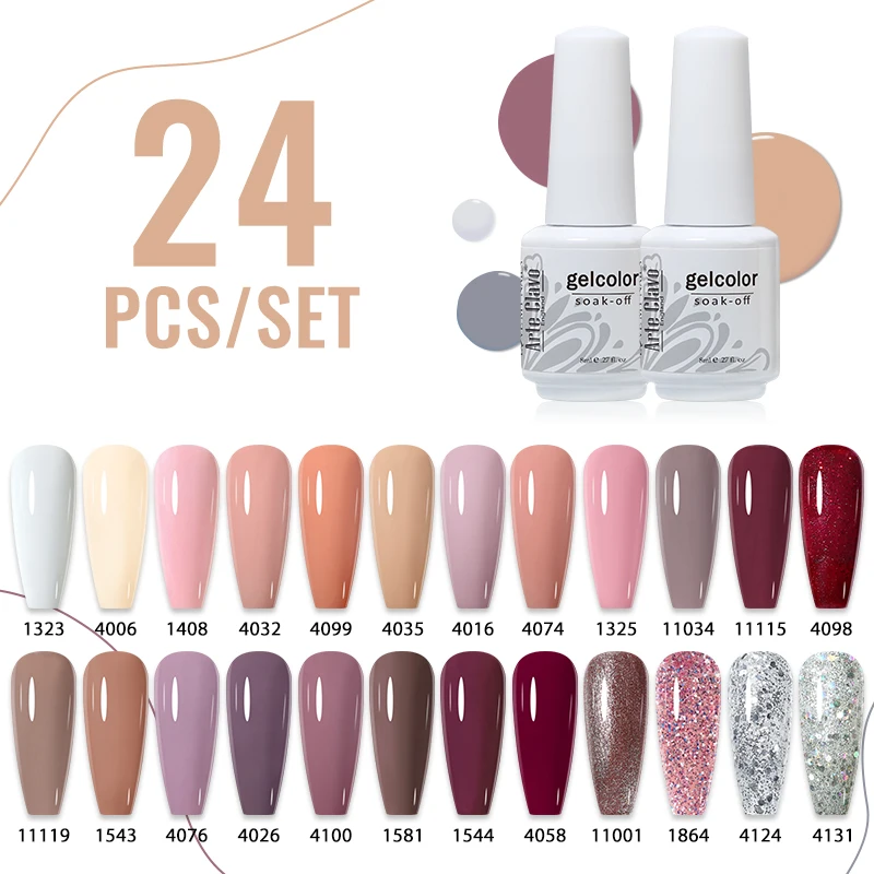 Arte Clavo 24-teiliges Nagel-Gel-Nagellack-Set, nackt, rosa, glitzernde Pailletten, semi-permanent, Soak-Off-Lack, Nägel, Kunst, Basis, Deckleid-Sets