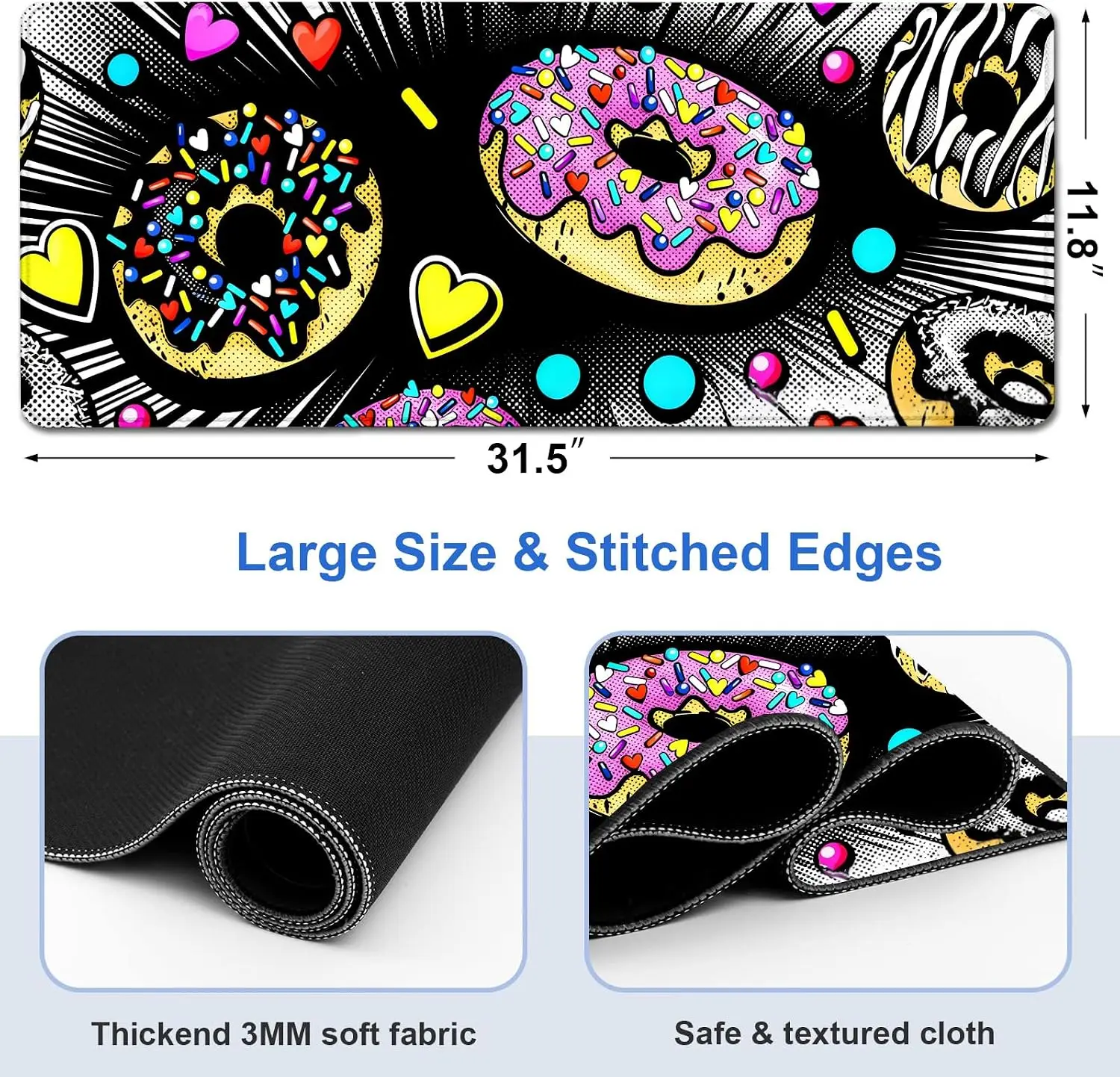 Comic Donut Gaming Mouse Pad, Bright Sweet Donuts Hearts Pop‑Art Halftone Pattern, Stitched Non‑Slip Desk Mat for PC Keyboard