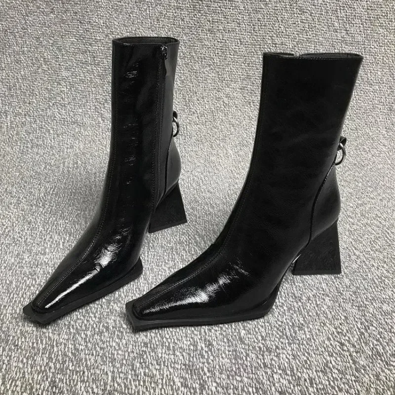

Women's Shoes Horse Boots Female Skinny Boots Winter New Patent Leather Thick with Fashion High Heel Short Boot Zapatos De Mujer