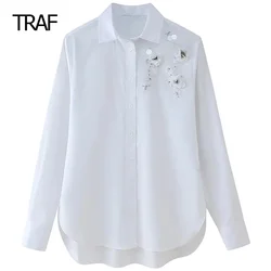 TRAF Women's Blouse Summer 2024 Rhinestones Floral Shirts White Lapel Collar Long Sleeve Top Elegant Fashion Blouses For Women