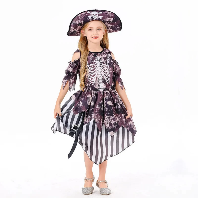 Pirate Captain Cosplay Trajes para Crianças, Chapéu de Caveira, Vestido Performance, Roupa para Meninas e Meninos, Crianças, Halloween, Festa de Carnaval