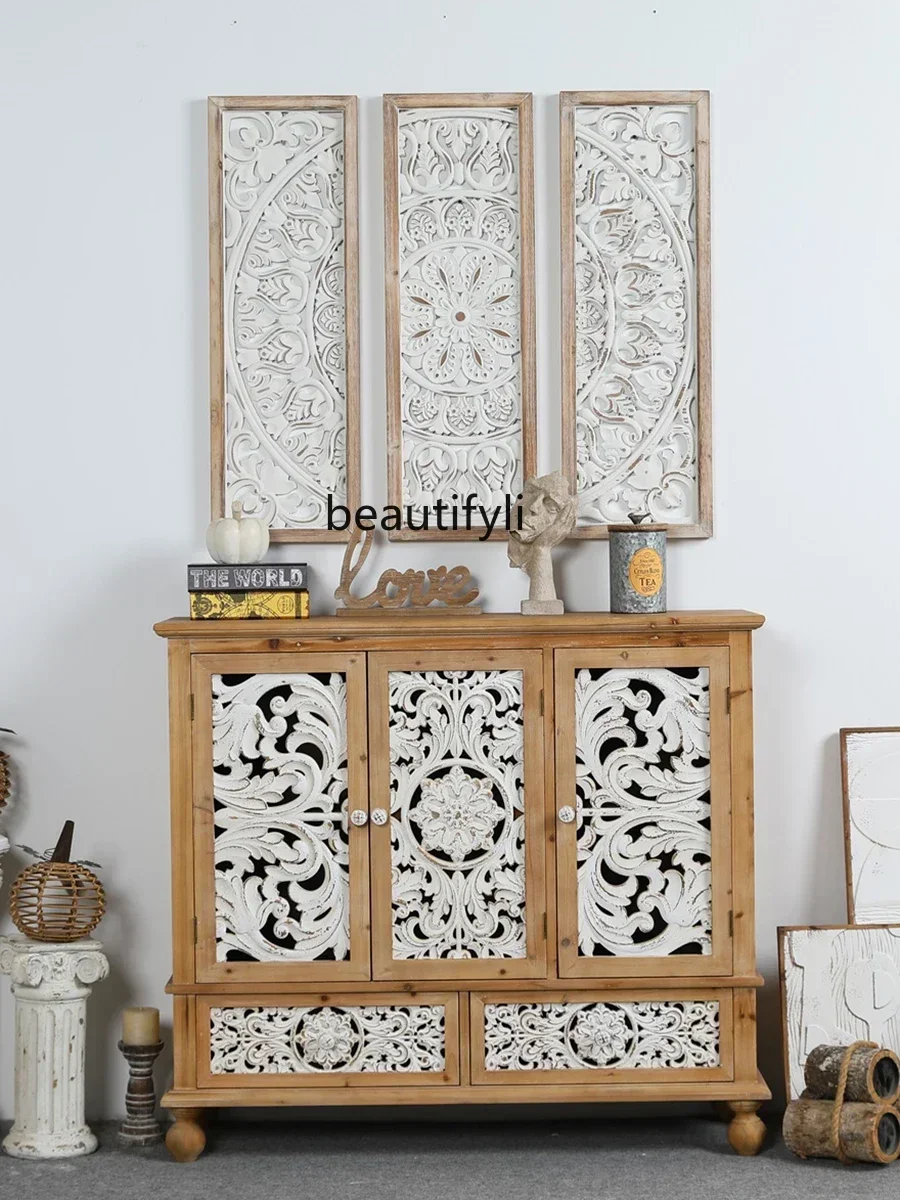 X Retro dining side solid wood storage porch cabinet living room foyer log art carving hollow shoe cabinet