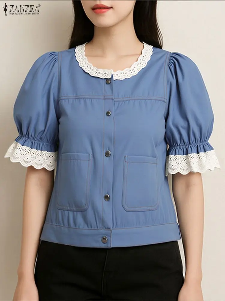 

ZANZEA блузка с коротким рукавом, женские топы с круглым вырезом, модные пуговицы 2025 года, элегантная кружевная туника в стиле пэктиворк, повседневная блузка со свободными карманами