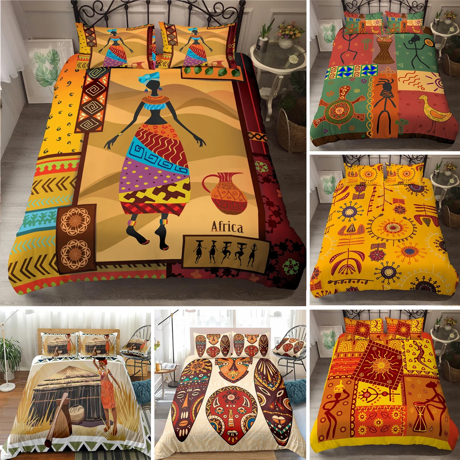 

African Woman King Queen Duvet Cover Retro Exotic Tribal Black Girl Pattern Bedding Set Africa Polyester Quilt Cover Pillowcase