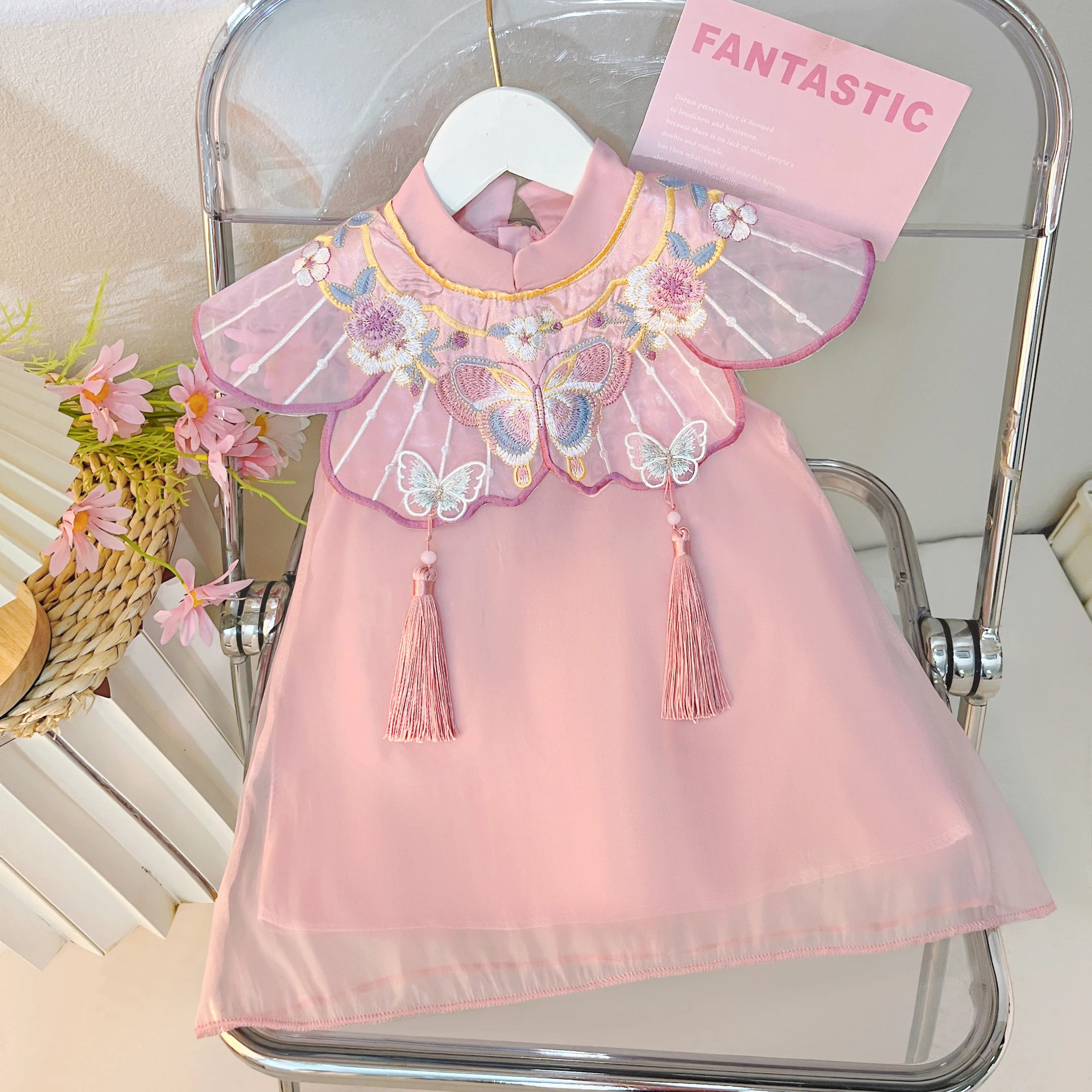 Baby girl clothing 2024 summer sweet round neck sleeveless embroidered dress bow pearl princess skirt 1-5Y