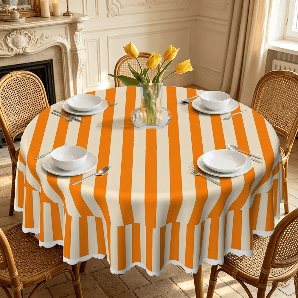 Simple and energetic orange and white vertical stripe tablecloth, machine washable and easy to cleanxzj