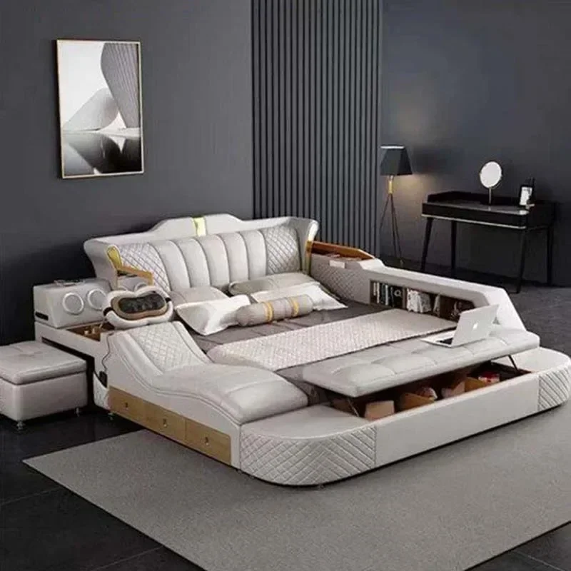 ZL O Massager Wood Double Bed Frame Leather Bluetooth Storage Home Bedroom Bed Tatami Electric Lit Multifonctionnel Bedroom Furn