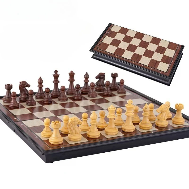 

High End Magnetic Chess Foldable Box Set with Imitation Wood Grain Black and White Chess Pieces, Gathering Fun Board Game Gifts