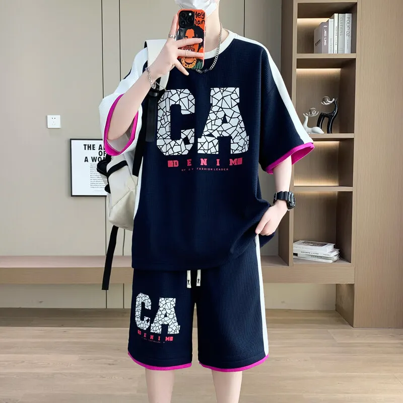 

Summer Men Sets Streetwear Short Sleeve T-Shirts +Shorts Breathable Man Sportswear 2 Pieces Suits