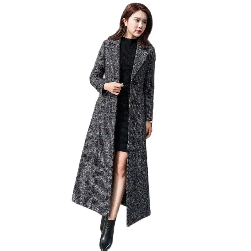 

Fashion Long Woolen Coat Female 2024 New Women's Plaid Woolen Coat Slim Thickened Over The Knee Winter Windbreaker Outerwear